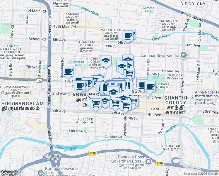 map of restaurants, bars, coffee shops, grocery stores, and more near 57 2nd Street in Chennai