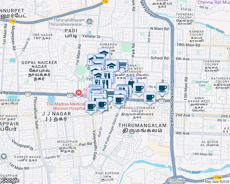 map of restaurants, bars, coffee shops, grocery stores, and more near Radial House 1st Road in Chennai