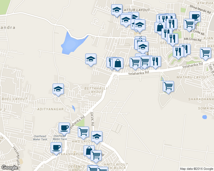 map of restaurants, bars, coffee shops, grocery stores, and more near Yelahanka Road in Bengaluru