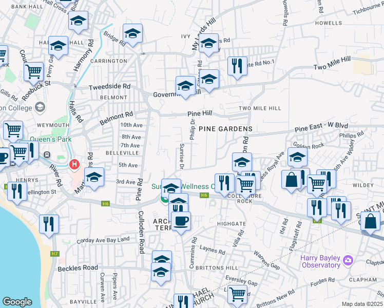 map of restaurants, bars, coffee shops, grocery stores, and more near in Bridgetown