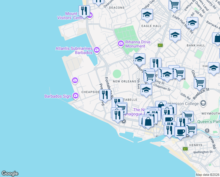 map of restaurants, bars, coffee shops, grocery stores, and more near Fontabelle Road in Bridgetown