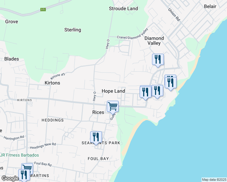 map of restaurants, bars, coffee shops, grocery stores, and more near in Hope Land