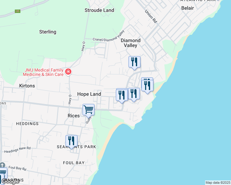 map of restaurants, bars, coffee shops, grocery stores, and more near in Hope Land