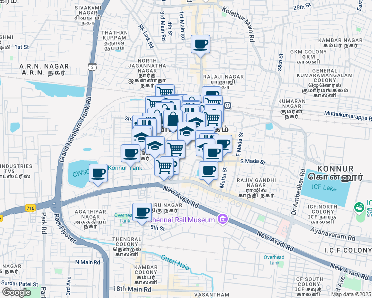 map of restaurants, bars, coffee shops, grocery stores, and more near Perari Lane in Chennai