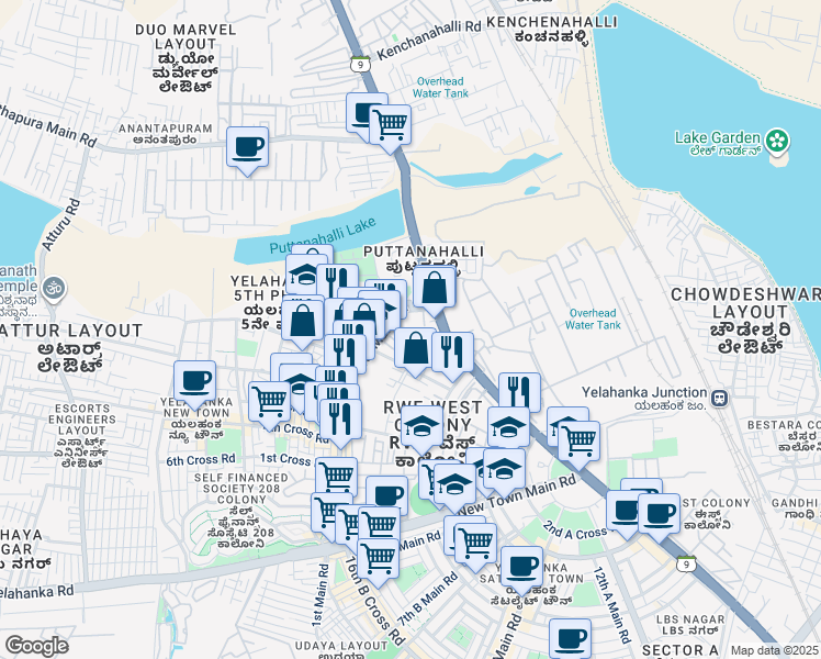 map of restaurants, bars, coffee shops, grocery stores, and more near 1st Main Road in Bengaluru