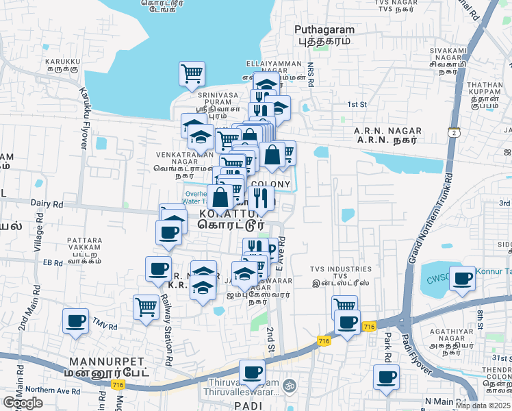 map of restaurants, bars, coffee shops, grocery stores, and more near 30th Street in Chennai