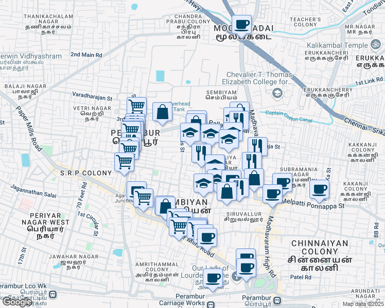 map of restaurants, bars, coffee shops, grocery stores, and more near 15/6 South 1st Street in Chennai