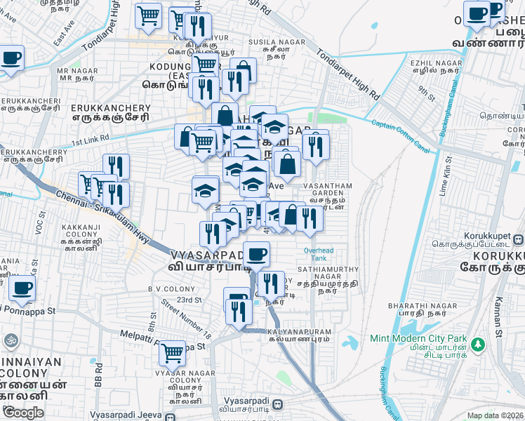 map of restaurants, bars, coffee shops, grocery stores, and more near 4th Main Road in Chennai