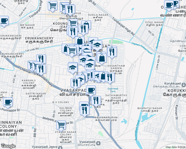 map of restaurants, bars, coffee shops, grocery stores, and more near 4th Main Road in Chennai