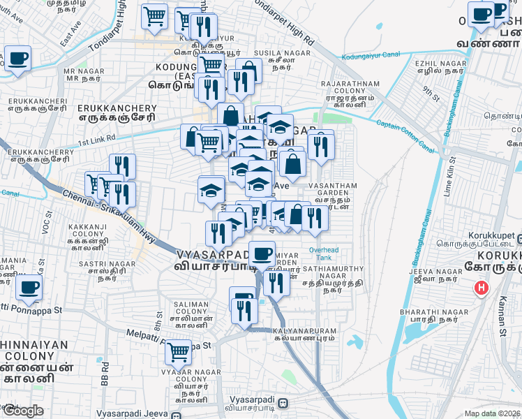 map of restaurants, bars, coffee shops, grocery stores, and more near 6th Cross Road in Chennai