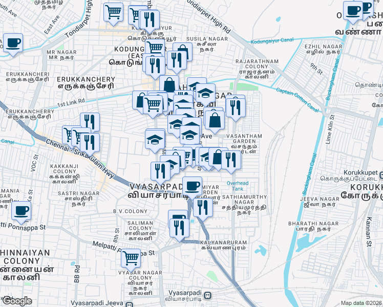 map of restaurants, bars, coffee shops, grocery stores, and more near 6th Cross Road in Chennai