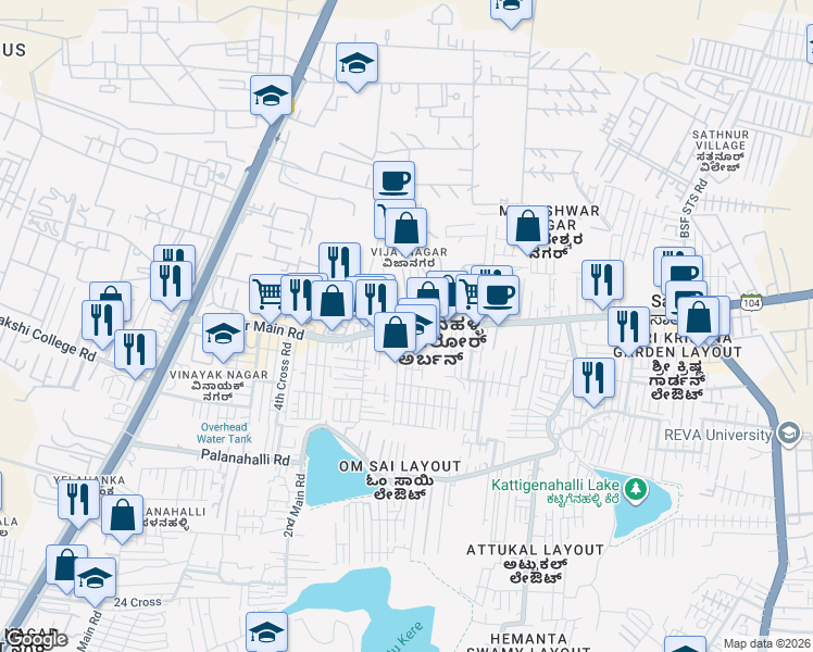 map of restaurants, bars, coffee shops, grocery stores, and more near Bagalur Main Road in Bengaluru