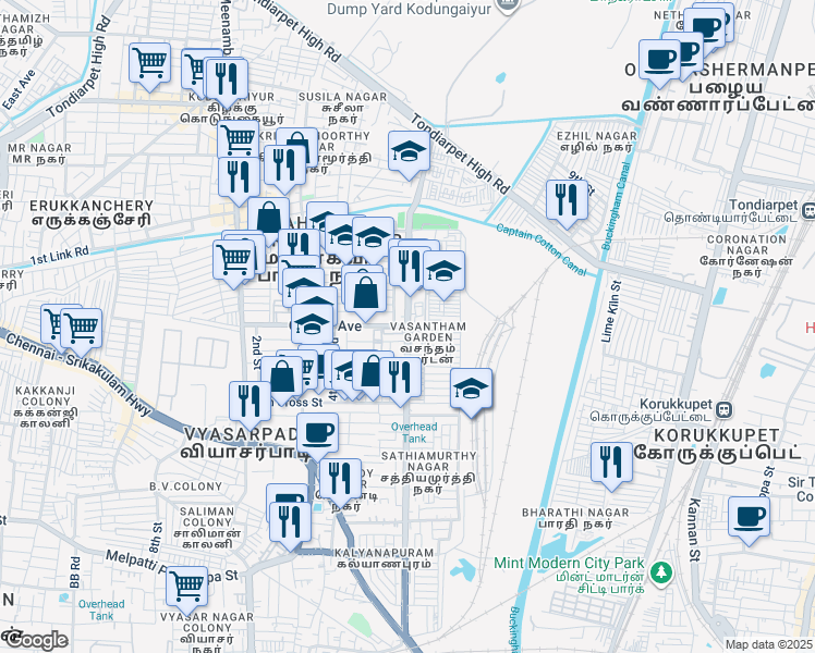 map of restaurants, bars, coffee shops, grocery stores, and more near East Avenue in Chennai
