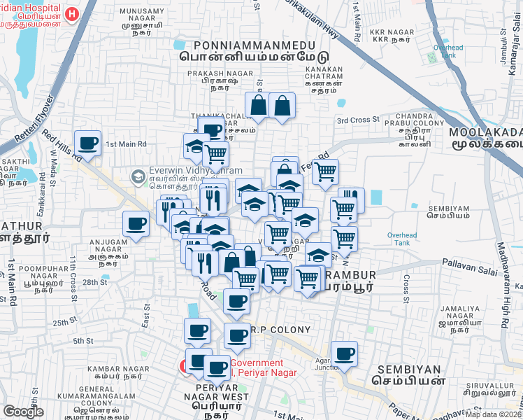map of restaurants, bars, coffee shops, grocery stores, and more near 14 3rd Main Road in Chennai