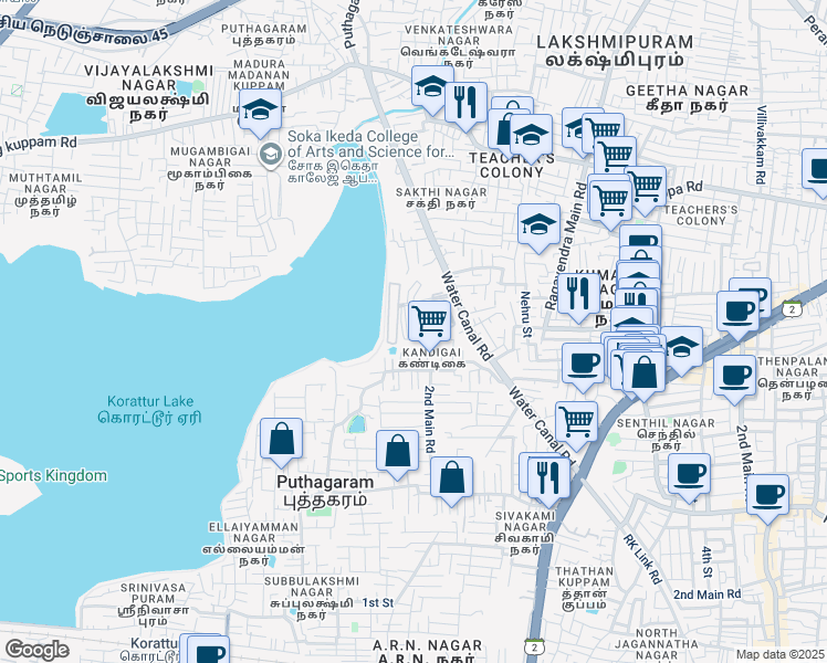 map of restaurants, bars, coffee shops, grocery stores, and more near 54 Water Canal Road in Chennai