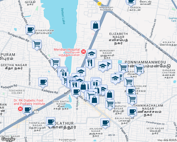 map of restaurants, bars, coffee shops, grocery stores, and more near 200 Feet Road in Chennai