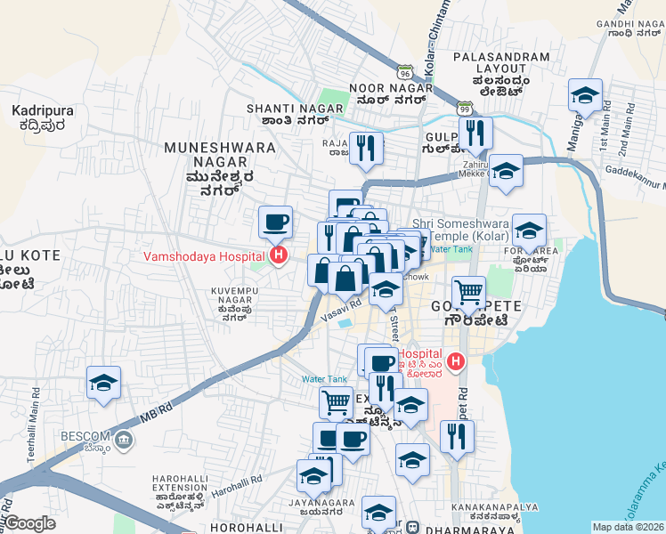 map of restaurants, bars, coffee shops, grocery stores, and more near in Kolar
