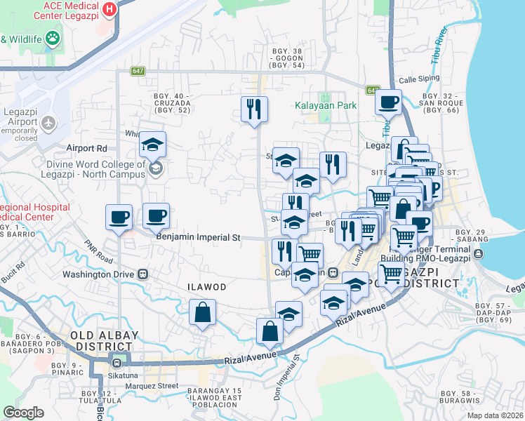 map of restaurants, bars, coffee shops, grocery stores, and more near Tahao Road in Legazpi City