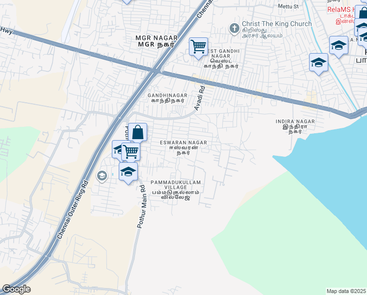 map of restaurants, bars, coffee shops, grocery stores, and more near 1st Main Road in Chennai
