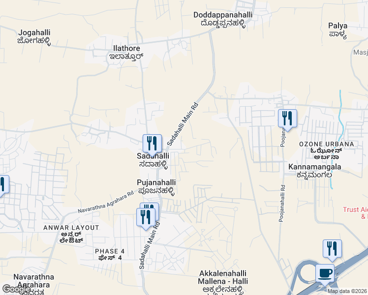 map of restaurants, bars, coffee shops, grocery stores, and more near Sadahalli Main Road in Kannamangala