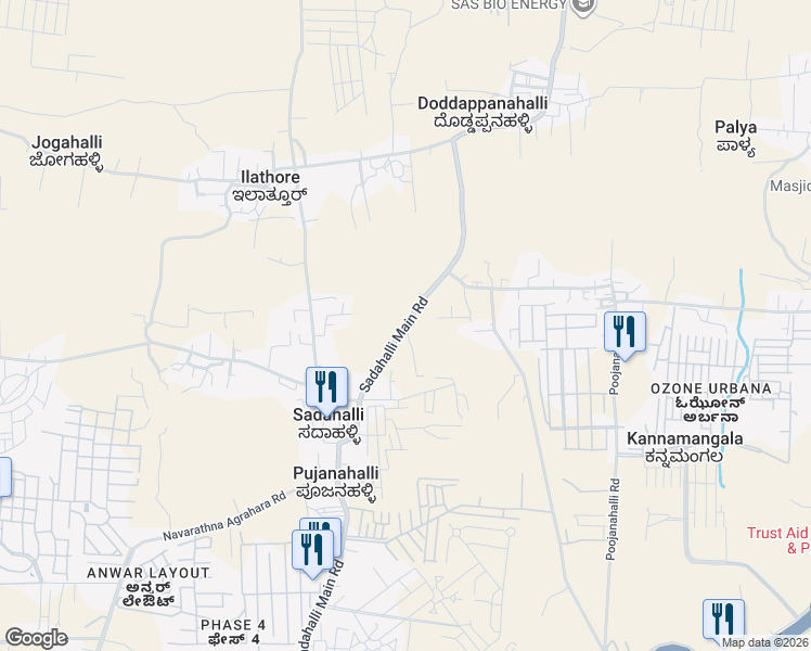 map of restaurants, bars, coffee shops, grocery stores, and more near Sadahalli Main Road in Kannamangala