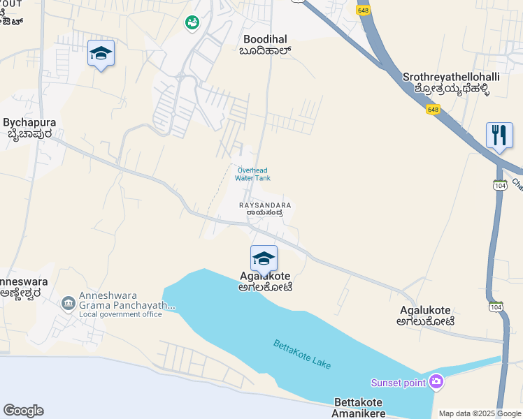 map of restaurants, bars, coffee shops, grocery stores, and more near Bettakote Lake Road in Bangalore Rural
