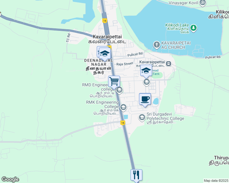 map of restaurants, bars, coffee shops, grocery stores, and more near RMD College Road in Kavaraipettai