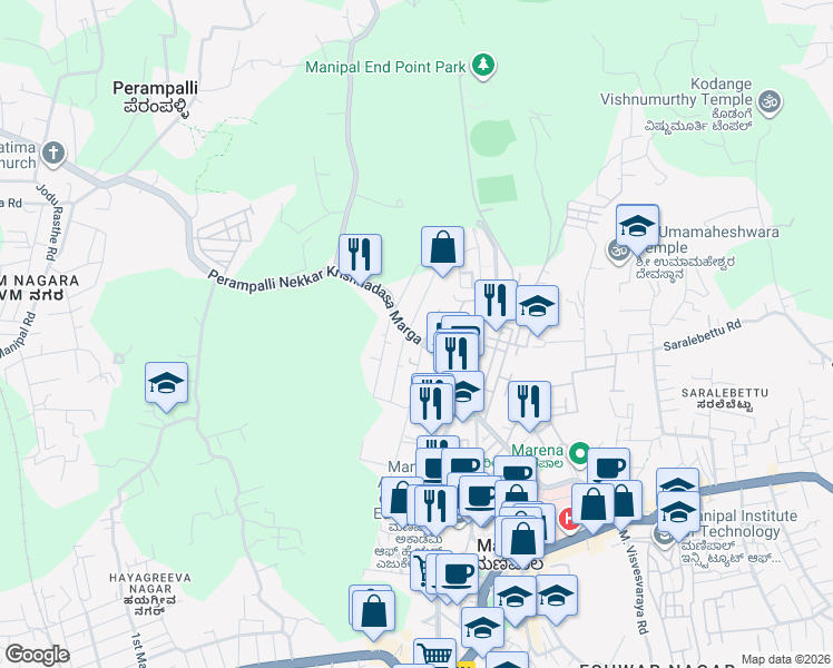 map of restaurants, bars, coffee shops, grocery stores, and more near Perampalli Nekkar Krishnadasa Marga in Manipal