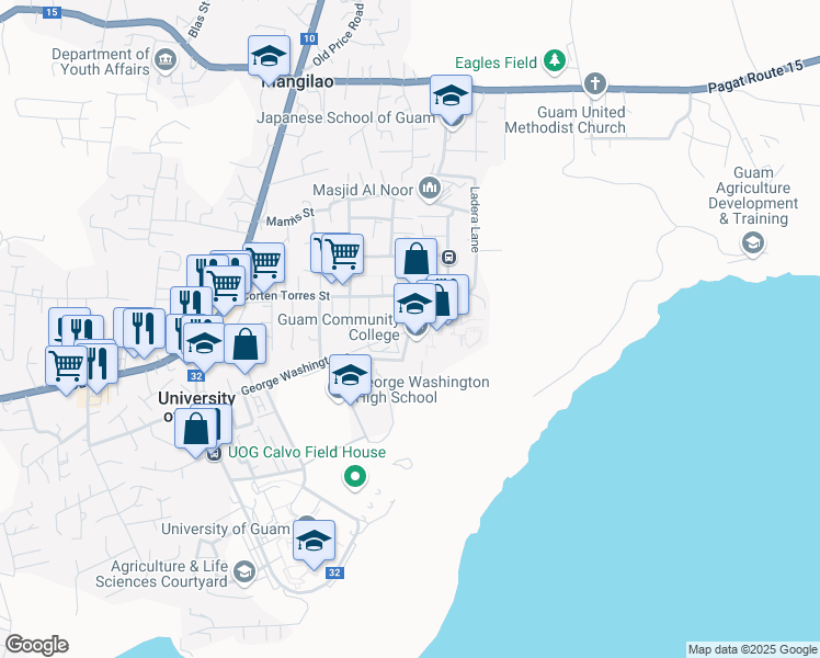 map of restaurants, bars, coffee shops, grocery stores, and more near in Mangilao