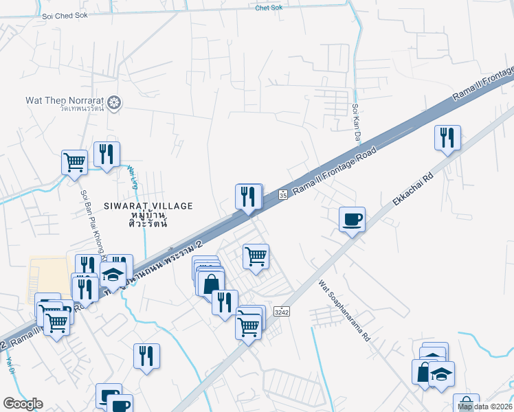 map of restaurants, bars, coffee shops, grocery stores, and more near Rama II Road in Tambon Khok Kham