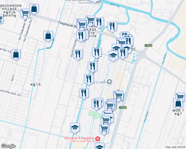 map of restaurants, bars, coffee shops, grocery stores, and more near Soi Mueang Mai Bang Phli in Tambon Bang Sao Thong
