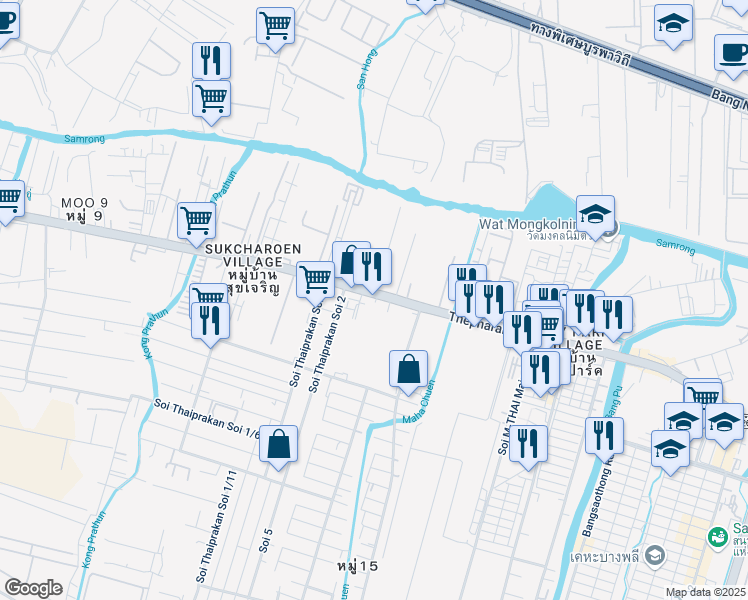 map of restaurants, bars, coffee shops, grocery stores, and more near Thepharak Road in Bang Sao Thong