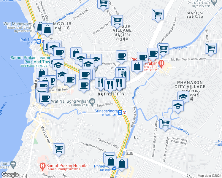 map of restaurants, bars, coffee shops, grocery stores, and more near in Samut Prakan