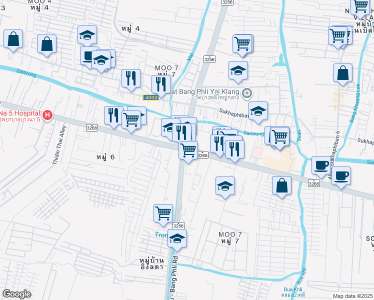 map of restaurants, bars, coffee shops, grocery stores, and more near Prasoet Sin 2 Road in Tambon Bang Phli Yai