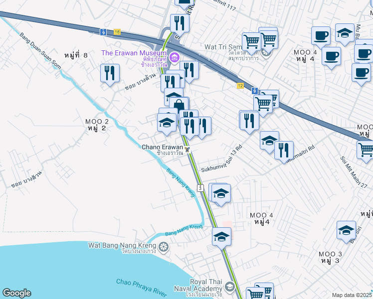 map of restaurants, bars, coffee shops, grocery stores, and more near 66 Sukhumvit Road in Amphoe Mueang Samut Prakan
