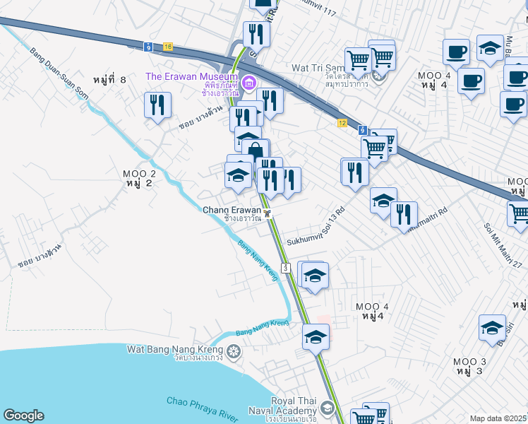 map of restaurants, bars, coffee shops, grocery stores, and more near 66 Sukhumvit Road in Amphoe Mueang Samut Prakan