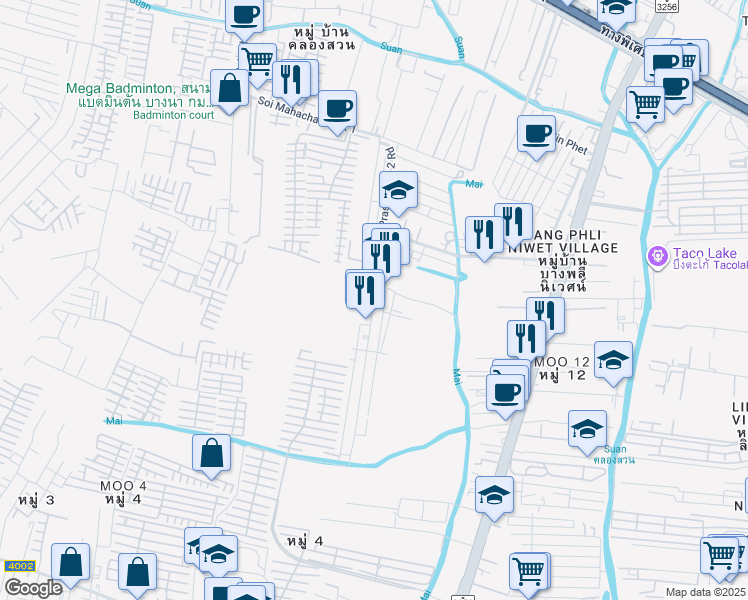 map of restaurants, bars, coffee shops, grocery stores, and more near Prasoet Sin 2 Road in Tambon Bang Phli Yai