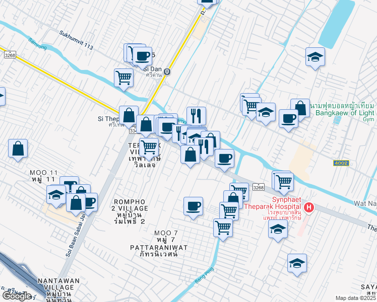 map of restaurants, bars, coffee shops, grocery stores, and more near Thepharak Road in Tambon Thepharak