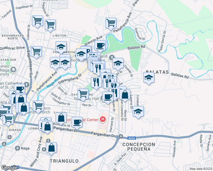 map of restaurants, bars, coffee shops, grocery stores, and more near Magsaysay Avenue in Naga City