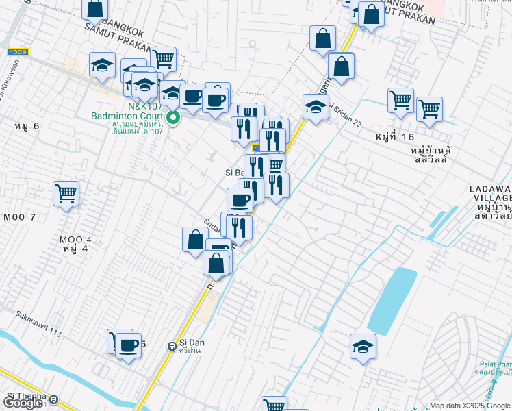 map of restaurants, bars, coffee shops, grocery stores, and more near Thanon Srinagarindra in Tambon Sam Rong Nua