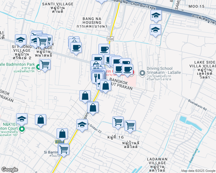 map of restaurants, bars, coffee shops, grocery stores, and more near Thanon Srinagarindra in Tambon Sam Rong Nua