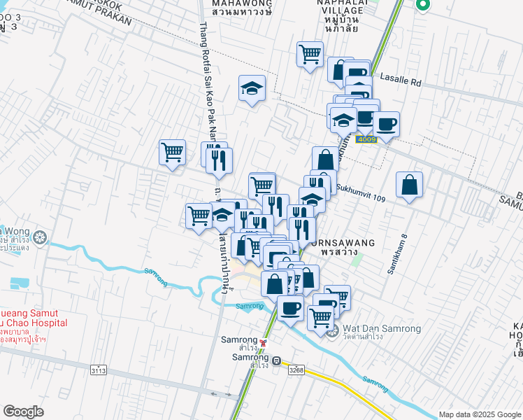 map of restaurants, bars, coffee shops, grocery stores, and more near 3590 ตำบล สำโรงเหนือ in Tambon Sam Rong Nua