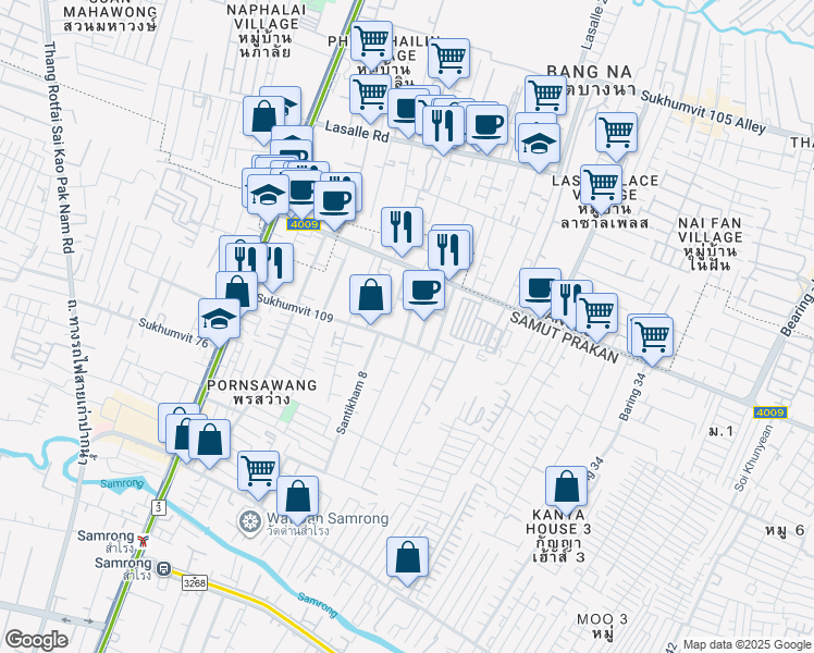 map of restaurants, bars, coffee shops, grocery stores, and more near Santikham 11 in Tambon Sam Rong Nua