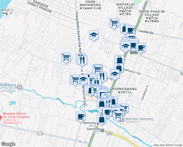 map of restaurants, bars, coffee shops, grocery stores, and more near 765 Soi Sukhumvit 76 in Tambon Sam Rong Nua