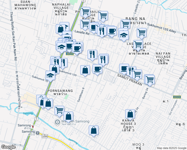 map of restaurants, bars, coffee shops, grocery stores, and more near Santikham 11 in Tambon Sam Rong Nua