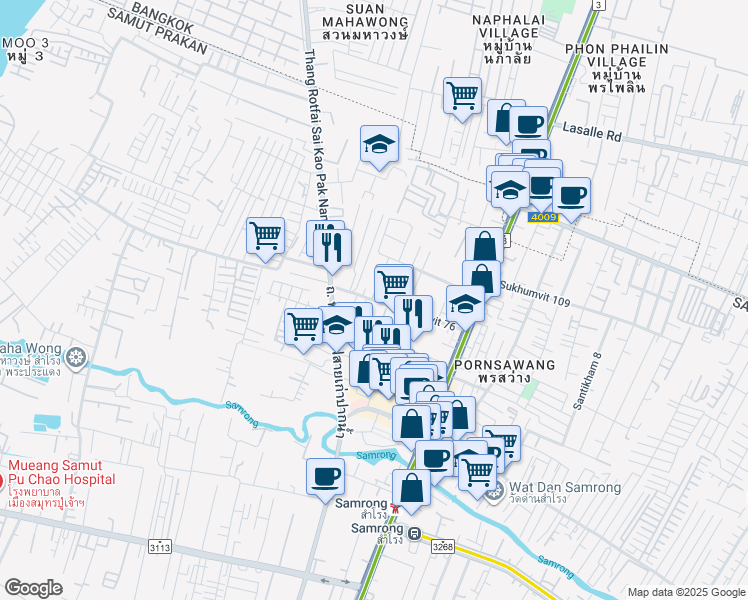 map of restaurants, bars, coffee shops, grocery stores, and more near 765 Soi Sukhumvit 76 in Tambon Sam Rong Nua
