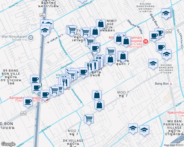 map of restaurants, bars, coffee shops, grocery stores, and more near Ekkachai Road in Bangkok