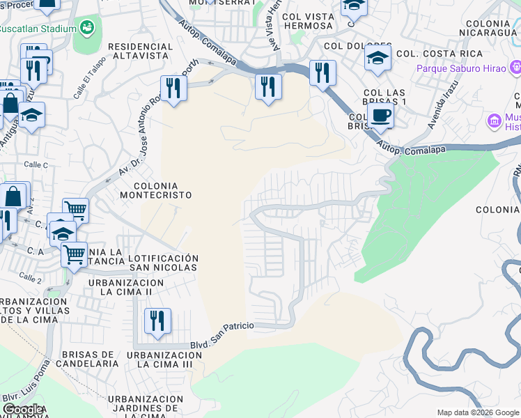 map of restaurants, bars, coffee shops, grocery stores, and more near Calle Antigua a Huizucar in San Salvador