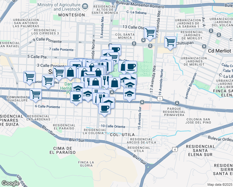 map of restaurants, bars, coffee shops, grocery stores, and more near 2-1 Carretera Panamericana in Santa Tecla