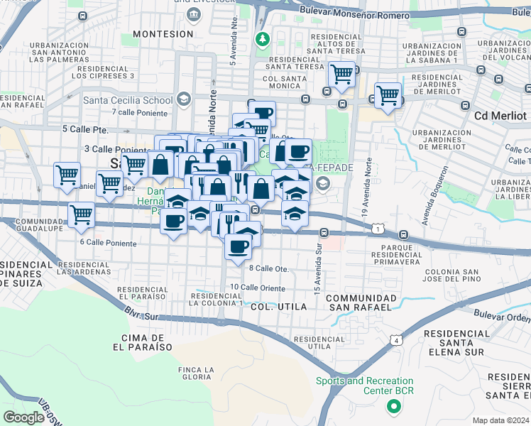map of restaurants, bars, coffee shops, grocery stores, and more near 2-1 Carretera Panamericana in Santa Tecla